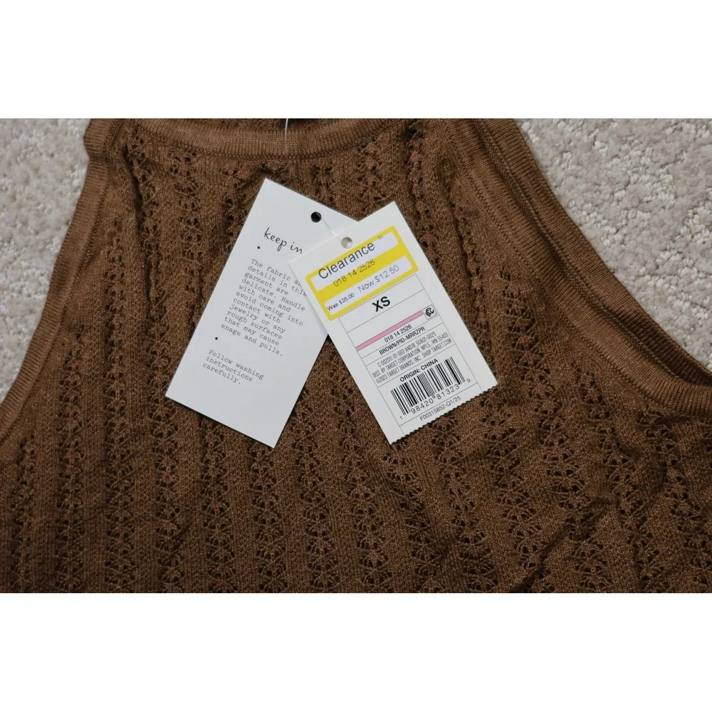 A New Day Brown Crochet High Neck Tank Top XS Pointelle Knit Camisole